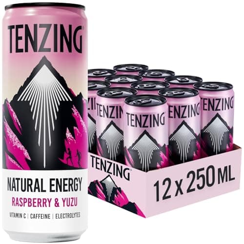 Image of TENZING Natural Energy Drink, Plant Based, Vegan, & Gluten Free Drink, Raspberry & Yuzu, 250ml (Pack of 12) - Packaging may vary