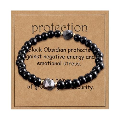 Image of Obsidian Black Tourmaline Bracelet for Men, Black Tourmaline Crystal Adjustable Wrist Bracelet with Gift Card, Blacks Obsidian Stone Beads, Mens Wrist Bracelets Energy Jewelry for Him, Dad, Husband