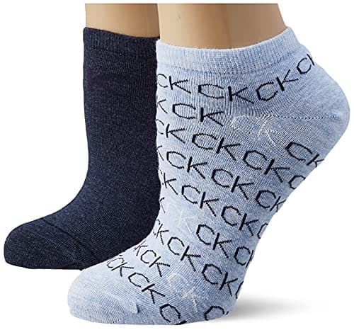Image of Calvin Klein Women's All Over Logo Sneaker Socks (Pack of 2), Denim melange, One Size