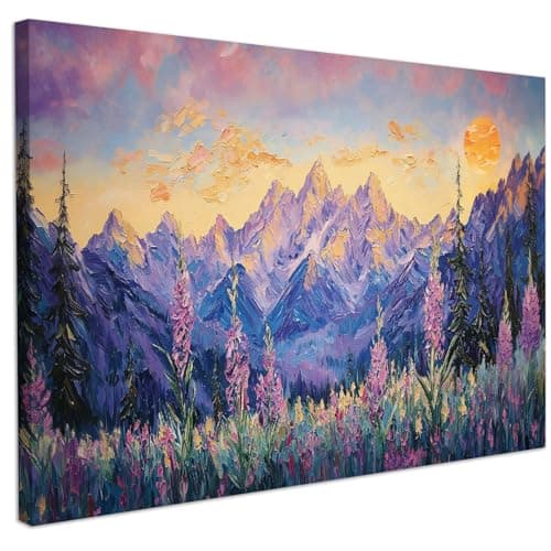 Image of CHDITB Purple Sunset Mountain Landscape Framed Canvas Wall Art,Nature Pine Tree Wildflowers Decorations,Lavender Flower Wall Painting,Modern Field Art Prints for Living Room, Bedroom Offce(59x39cm)