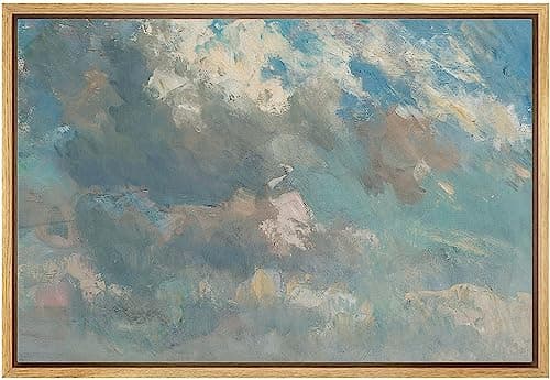 Image of MUDECOR Framed Canvas Print Wall Art Bright Blue Sky Pastel Watercolor Cloud Nature Wilderness Antique Retro Fine Art Shapes Illustrations Decorative Colorful Multicolor for Bedroom - 24"x36" Natural
