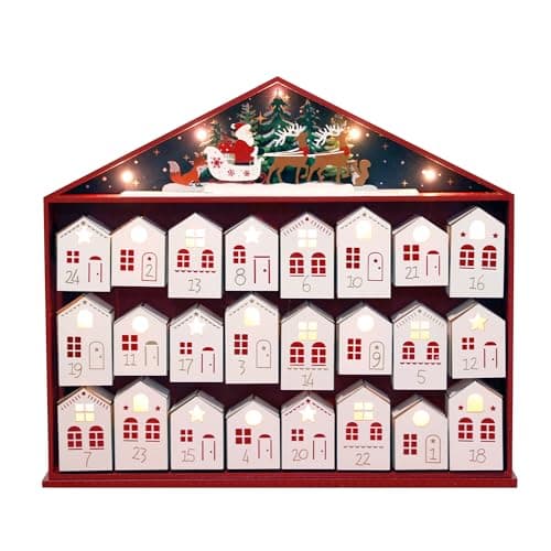 Image of PE Wooden Advent Calendar 2025 with LED Lights, Christmas Countdown Calendar, House-Shaped Drawers, Reusable Holiday Decoration, 24-Day Xmas Countdown Box 17.4 x 15.4 x 2.6"