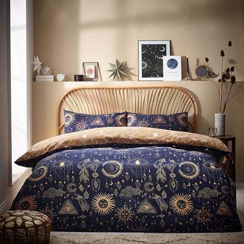 Image of furn. Constellation Duvet Cover Set – Celestial Galaxy Print with Stars & Moons, Reversible Polycotton Bedding (Gold/Navy – King)