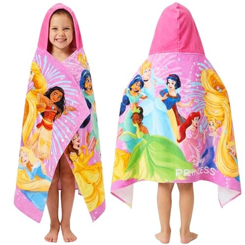 Image of Disney Princess Hooded Towels for Girls, Cotton Bath & Beach Towel Poncho, Soft & Absorbent Hooded Kids Shower Swimming Wrap & Changing Robe, Pool, Travel & Holiday Essentials (Multi Princess)