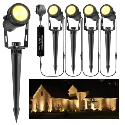 Image of GreenClick Garden Spike Lights, Extendable Garden Lights Mains Powered 12V Low Voltage Landscape Spotlights IP65 Waterproof Outdoor Garden Uplights for Wall Trees Shrubs(4 Pack, Warm White)
