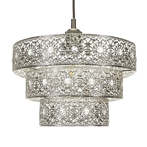 Image of Traditional Polished Silver Acrylic Gem Moroccan Style Triple Tier Ornate Pendant Light Shade with Transparent Sparkly Beads | 60w Maximum | 30cm Diameter by Happy Homewares