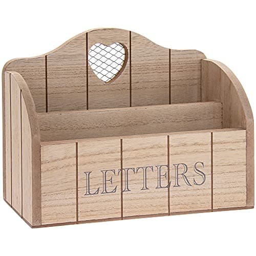 Image of Natural Wood Finish Letter Rack With Contrasting Grey Letters Wording and Cutout Heart Detail, Twin Compartment Decorative Mail Organiser