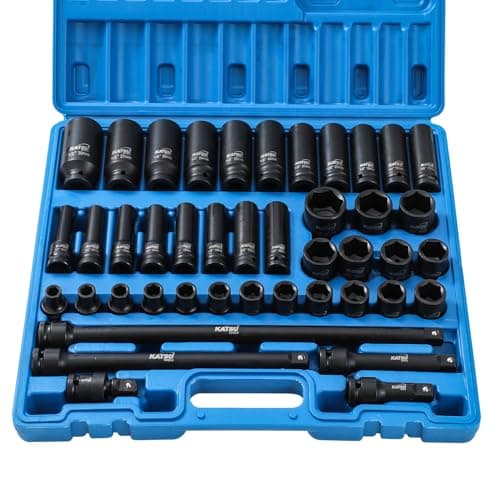 Image of KATSU Tools 43 PCs Heavy Duty Impact Socket Set 1/2" Drive 6 Point 9-30mm Metric Standard + Deep Impact Sockets Assortment, Chrome Vanadium Alloy Steel, Car Garage Mechanic Tool