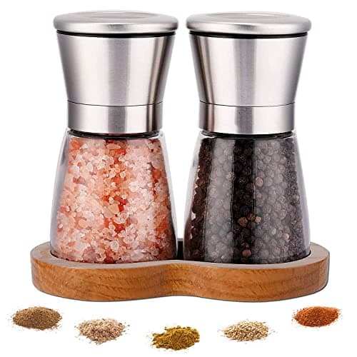 Image of LessMo Salt and Pepper Grinder Set, 2pcs Spice Grinders, Set of Grinders with Adjustable Coarseness, Premium Stainless Steel Salt & Pepper Mill, Easy-Fill Mills , Lids & Stand, for Peppercorn Spice