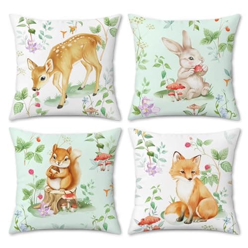 Image of COZZSNUGE Animals Cushion Covers Cute Bunny Deer Squirrel Fox Spring Forest Velvet Decorative Pillowcases for Garden Sofa Bed Home Patio 45 x 45 cm Set of 4