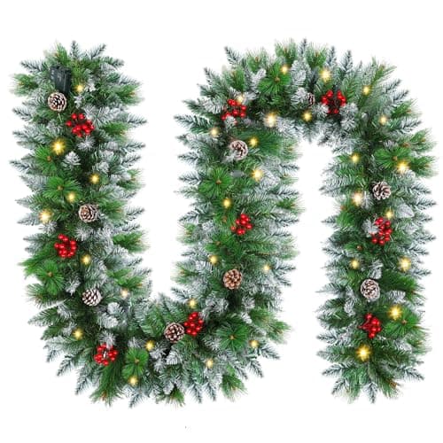 Image of SHAVINGFUN Christmas Garland with LED Lights, 2.7M/9FT Illuminated Decorations for Stairs, Fireplaces, Festive Wreaths & Xmas Decor (Green)
