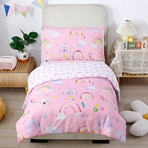 Image of STYHO Rainbow Print Duvet Cover Sets Hearts Pattern Girls Bedding Set Soft Breathable Bed Collection Toddler/Junior/Cot Pink Reversible Cot Bed Quilt Cover