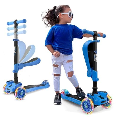 Image of Hurtle 3-Wheel Tri Scooter for Kids ages 4-7, Scooter with Seat, Foldable, Flashing Lights, Adjustable Height, Blue