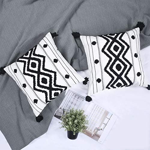 Image of Chlophy Black white Cushion Cover 18x18 Boho 45x45CM Set of 2 Pack Diamond Embroidered Cushion Cases Cotton Canvas Tufted Textured Geo Modern Couch Sofa Living Room
