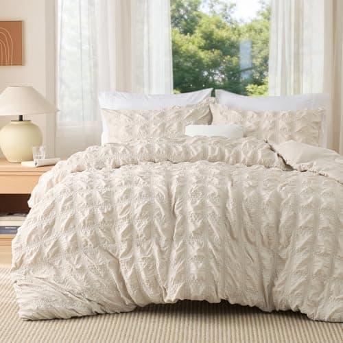 Image of Bedsure Double Duvet Cover Set – Beige Seersucker Duvet Cover Sets, Puckering Textured Bedding Set, Soft Breathable Quilt Cover with Zipper Closure, 200x200 cm with 2 Pillowcases