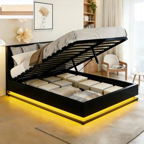 Image of BESTWANTED Gas Lift Ottoman Storage Bed,4FT Small Double Size Bed Frame with Storage, Ottoman Bed with LED Lights, Faux Leather