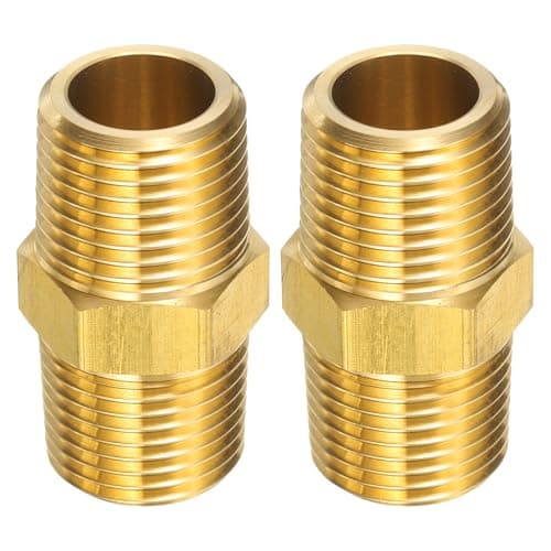 Image of sourcing map 2pcs Brass Pipe Fitting 1/2" NPT x 1/2" NPT Male Brass Hex Nipple Pipe Extension Adapter Pipe Nipples Connectors for Shower, Oil, Water Line