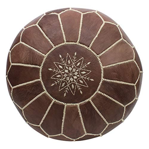 Image of ESSENCE OF MOROCCO Moroccan Pouffe Pouf Footrest Footstool Ottoman Real Leather Brown Tan Handmade Hand-stitched with Embroidered Design (COVER ONLY)