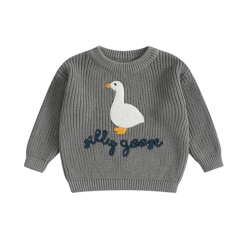 Image of Toddler Baby Boy Girl Sweater Long Sleeve Crewneck Goose Letter Embroidered Jumper Knit Sweatshirt Warm Knitted Pullovers Tops Chunky Knitwear for Fall Winter (Gray, 6-9 Months)