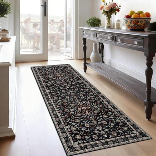 Image of IMIYOKU Hallway Runner Rug Machine Washable Floral Carpet Runners for Hallways Non Slip Long Floor Mat for Entryway Kitchen Bedroom Living Room Laundry Lounge (Black, 65x180 cm)