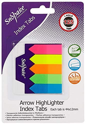 Image of Snopake Transparent Index Tab Arrow Highlighters [ 125 Tabs, 44 x 12mm ] Neon Assorted [13906]