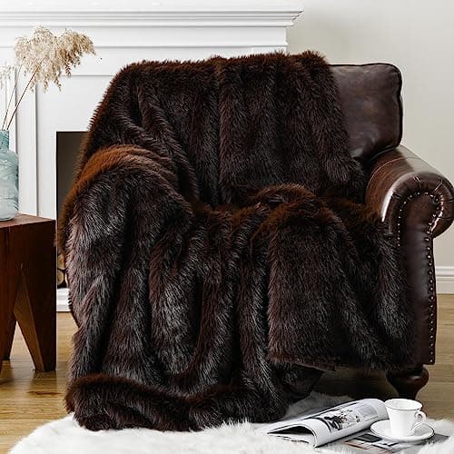 Image of BATTILO HOME Luxury Chocolate Brown Faux Fur Throw Blanket, 150x200cm Fluffy Fur Blanket for Bed, Comfy Shaggy Cozy Plush Fuzzy Large Fur Throws for Sofa Couch Living Room Home Decor