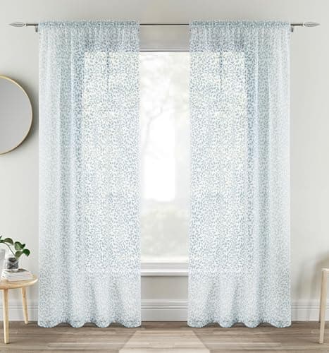 Image of Tyrone Textiles Pair of Willow Blue Leaf Print Linen Look Sheer Voile Panels 122 CMS