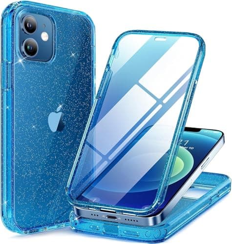 Image of Miracase Compatible with iPhone 12/12 Pro Case 6.1 inch, [Built-in Glass Screen Protector] Full Body Rubber Bumper Case Cover (Glitter Blue)