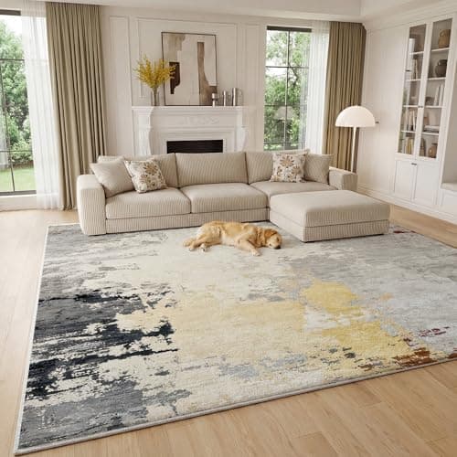 Image of Cliporix Machine Washable Large Rugs Living Room 200x290cm, 80% Faux Cashmere, Short Pile, Non-Slip Backing, Non-Shedding, Abstract Grey Gold, Suitable for Living Room, Bedroom, Dining Room