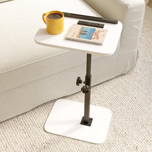 Image of Xyphren C Shaped Side Table, 40x30cm Height Adjustable End Table for Small Spaces, 360° Swivel with Anti-Slip Bar, Space-Saving TV Tray Table Small Coffee Snack Table for Bedroom, White/Small