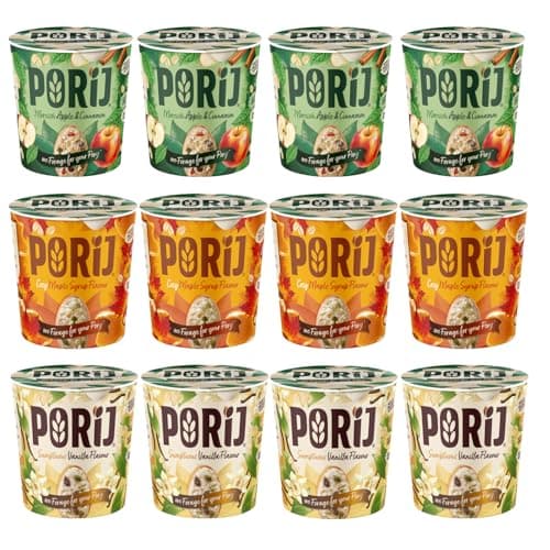 Image of PORiJ Instant Porridge Pots (Pack of 12 x 60g) - Quick Breakfast Snacks Ready to Eat in Minutes Healthy & Delicious Porridge Oats Meal High Fiber & Protein Porridge Vegan Oats