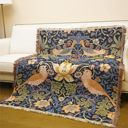 Image of JQZ Bohemian Woven Jacquard Throw Blanket with Fringe, Heavyweight Woven Tapestry for Bed, Sofa, Garden, Outdoor Camping - William Morris Inspired Strawberry Thief Design