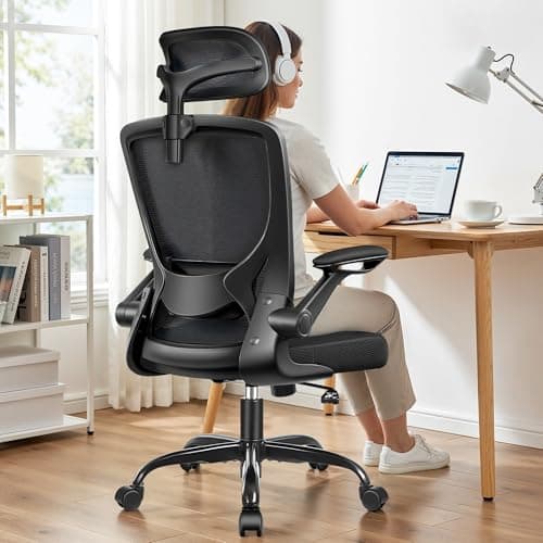 Image of BESTFAIR High Back Office Chair, Mesh Ergonomic Office Chairs with Adjustable Headrest and Lumbar Support, Flip-up Arms, Swivel Desk Chair for Gaming, Adjustable Height, Black