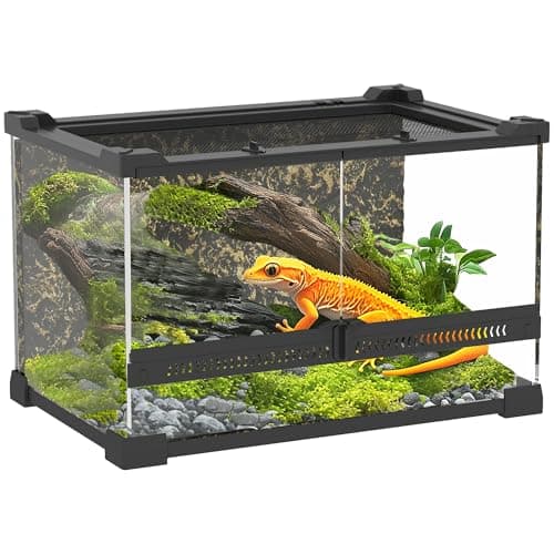 Image of PawHut Reptile Glass Terrarium, Reptile Vivarium with Stone Background, Front Ventilation, Escape-Proof Knob Lock, Glass Enclosure for Lizards, Horned Frogs, Snakes, 30 x 20 x 20 cm, Black