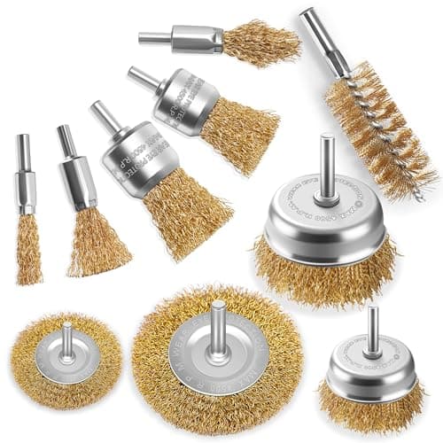 Image of Wire Brushes drills set 10 pcs,Brass Coated Wire Brush Wheel , Cup Brush and Tube Brush Kit,10 Sizes Metal Brushes with 1/4 Inch Shank for Cleaning Rust ,Removing Paint and Cleaning Wood (gold)