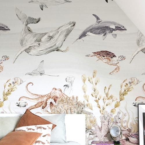 Image of Grandeco Watercolour Sealife Coral Reef Nursery 3 Panel repeatable Mural 1.59 x 2.8m