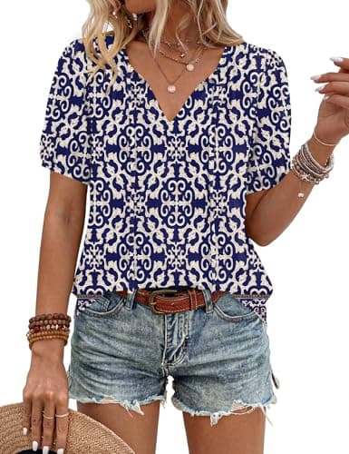 Image of Rapbin Womens Tops Short Sleeve Boho Summer Dressy Tunic Ladies Blouses Trendy Fashion Going Out Casual Clothes Plus Size Navy Blue XXL