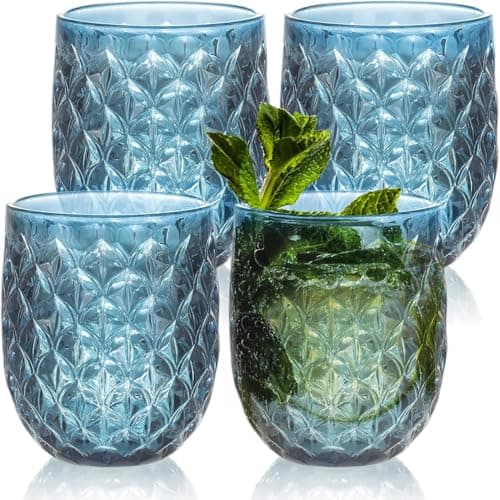 Image of Drinking Glasses Set of 4 - 360ml/12oz Vintage Tumbler Glasses - Decorative Floral Embossed Water Glasses - Heavy Duty Glassware Beverages Tumblers for Whisky, Beer, Juice, Wine (Upgraded - Blue)