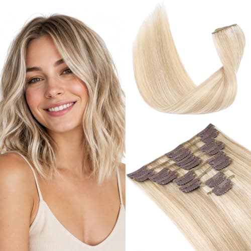 Image of Elailite Clip in Hair Extensions Real Human Hair - 8 Pieces Thin Weft Full Head Remy Hair Straight - #18/613 Ash Blonde Mix Bleach Blonde - 8 Inch (45 g)