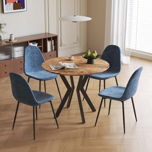 Image of GOLDFAN Round Dining Table and Chairs Set 4,90cm Wooden Table with 4 Blue Velvet Chairs,Modern Dining Set for Dining Room and Kitchen,Brown