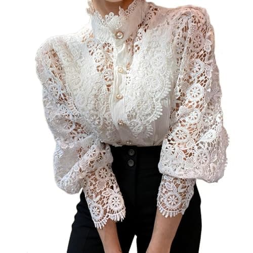 Image of Elegant Tops for Women, Womens Elegant Lace Trim Blouse Casual Victorian Top Long Sleeve Button Down Tops Hollow Out Patchwork Ruffle Work Office Shirts Birthday Gifts for Women,White,L,u32k