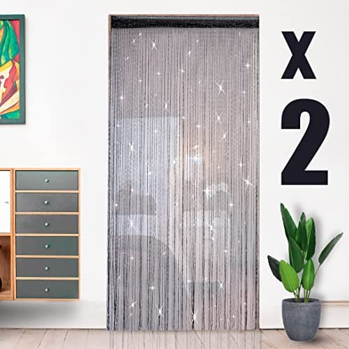 Image of HYSENM 2 Pack Door Curtains 100 x 200cm Fly Screens for Doors, Beaded String Curtain for Doors, Door Fly Screen Curtain for Doorways - Black