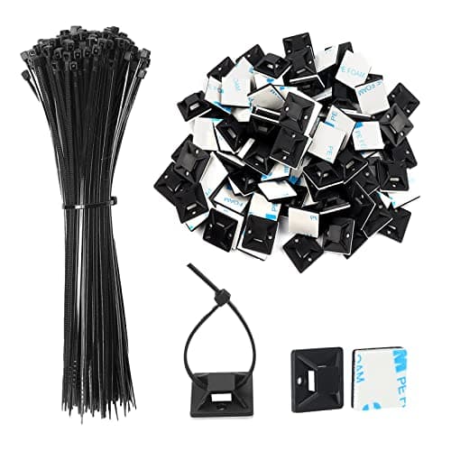 Image of JatilEr 200 Pcs Cable Tie Base Self Adhesive Cable Tie Mounts with Multi-Purpose Zip Tie, Cable Holder Clips Sticky Cable Tie Pads-Black (100 x Ties Length 150 mm, 100 x Base Width 18 mm)