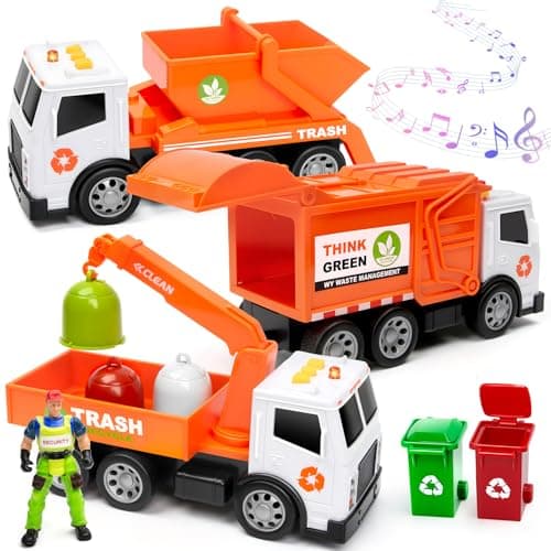 Image of BunnyJOY Garbage Truck Toy Set, Friction Powered Recycling Vehicle Playset with Lights and Sounds, Includes Crane Truck, Dump Truck, Rear Loader, Bins & Figure, Educational Gift for Kids Age 3+