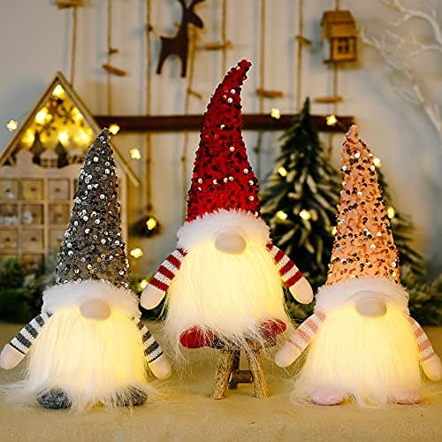 Image of GALER 3PCS Light Up Gonks Christmas Decoration, Handmade Christmas Gonks With Light, Swedish Santa Gnome with Glittery Hat Swedish Inspired Gnomes Elf Craft Christmas Decorations Indoor Holiday Decor