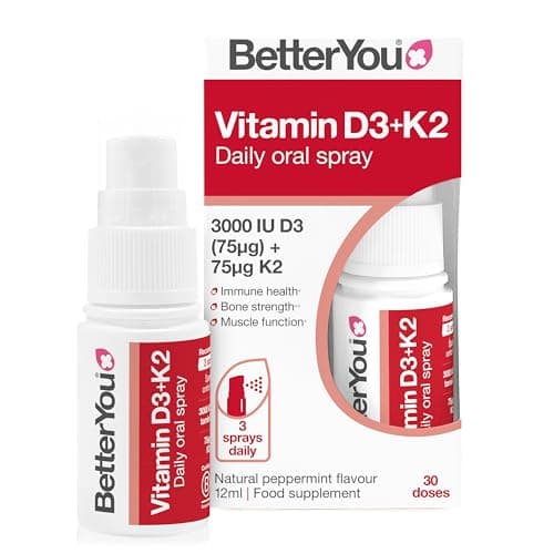 Image of BetterYou Vitamin D3 K2 Oral Spray, Fast Acting Vitamin D 3000 IU + Vitamin K2 (MK7) Supplement, Supports Bones, Teeth, Immune System & Blood Clotting, 1-Month Supply, Natural Peppermint Flavour