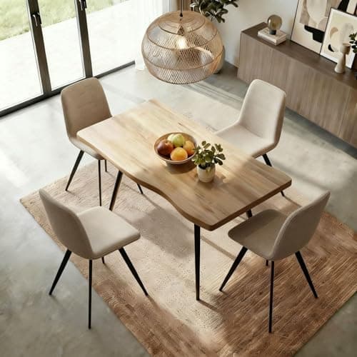Image of Home Source Avara Dining Set, 120cm Table with 4 Ashford Chairs (Beige) – Natural Oak-Effect MDF with Black Metal Legs, Boucle Upholstered, Modern 5-Piece Dining Set