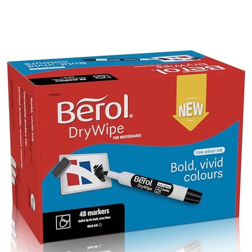 Image of Berol DryWipe Whiteboard Marker Pens | Bullet Tip | Black Low-Odour Ink | 48 Dry Erase Markers