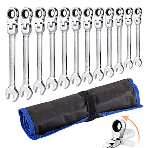Image of Qnkaa Ratchet Spanner Set 12pcs Metric Flexible Combination Wrench with Gear Ring Open-end Box-end Flex Flexi Head DIY Hand Tools Kit in Roll Bag 8-19mm
