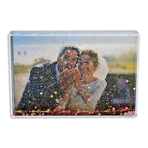 Image of Glitter Photo Frame, Acrylic Picture Frame holds 10 x 15 cm (4 x 6 inch) Clear Frameless Desktop Photo Block with Confetti (Rose Gold) - Ideal Personalised Gifts, Wedding Day Presents